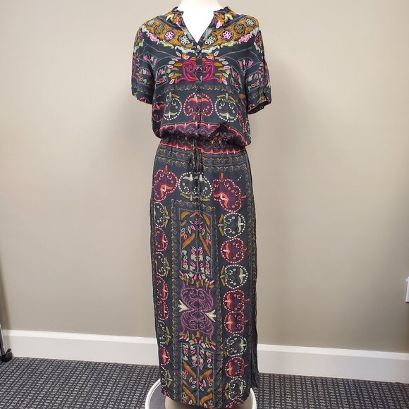 Hermant & Nandita Embroidered Button down Maxi Dress 100% Silk Sz Large Boho - Picture 1 of 13